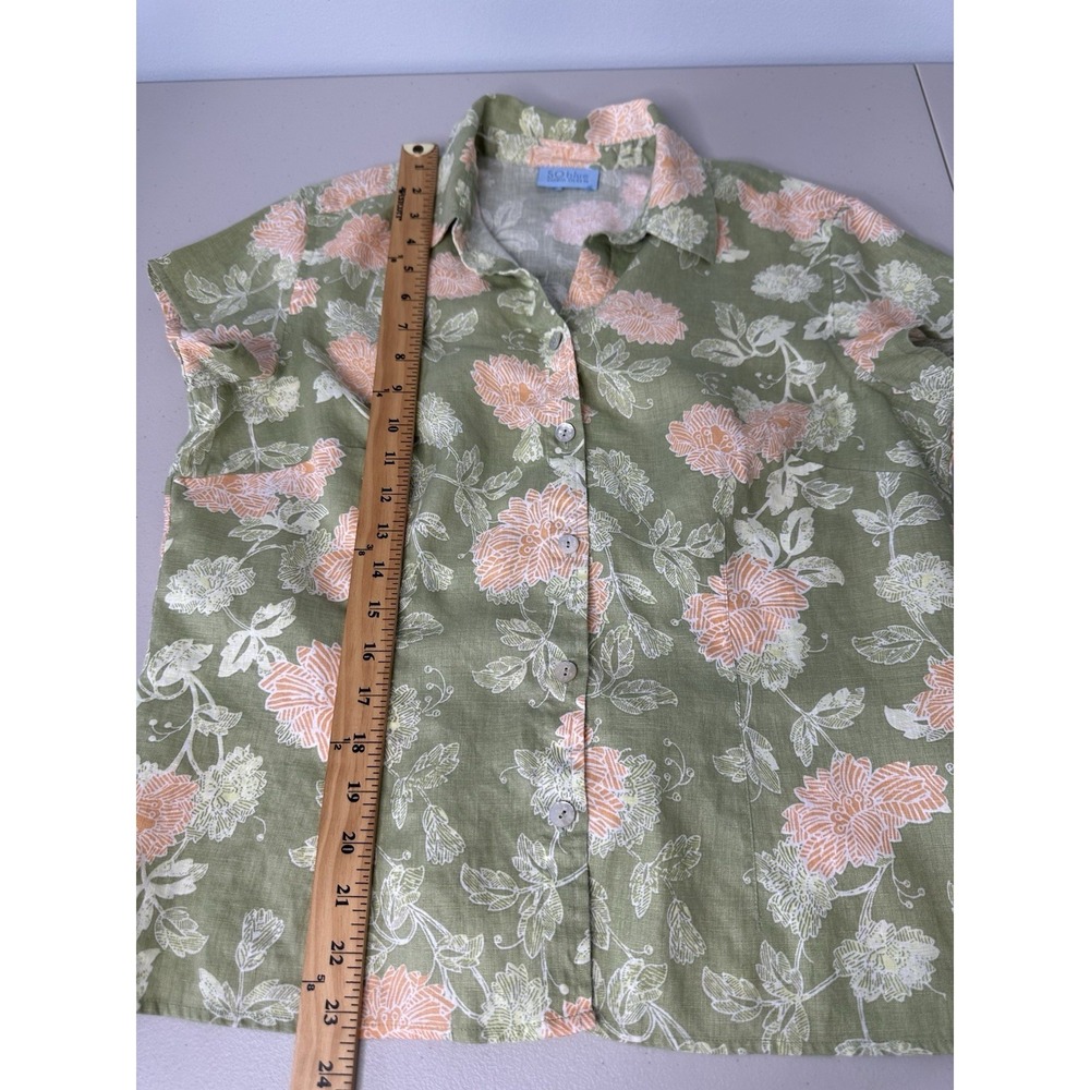 Sigrid Olsen Blue Linen Shirt Size M Green Floral Short Sleeve Button up - Picture 7 of 11